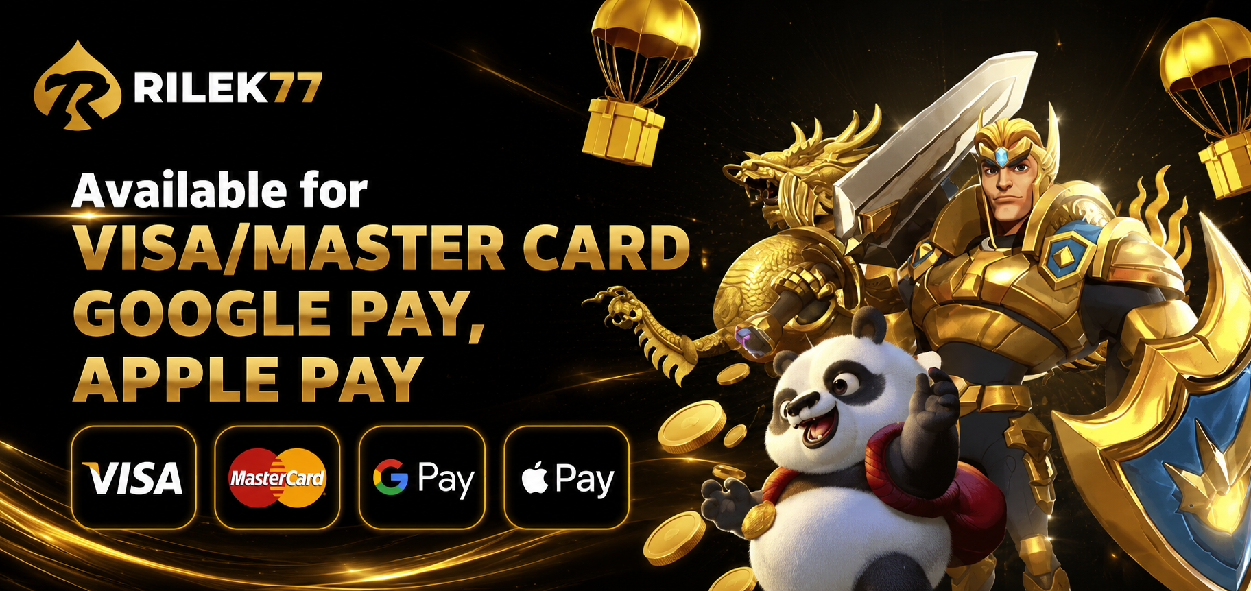 RILEK77 payment methods banner showing Visa, Mastercard, Google Pay, and Apple Pay availability with illustrated characters.
