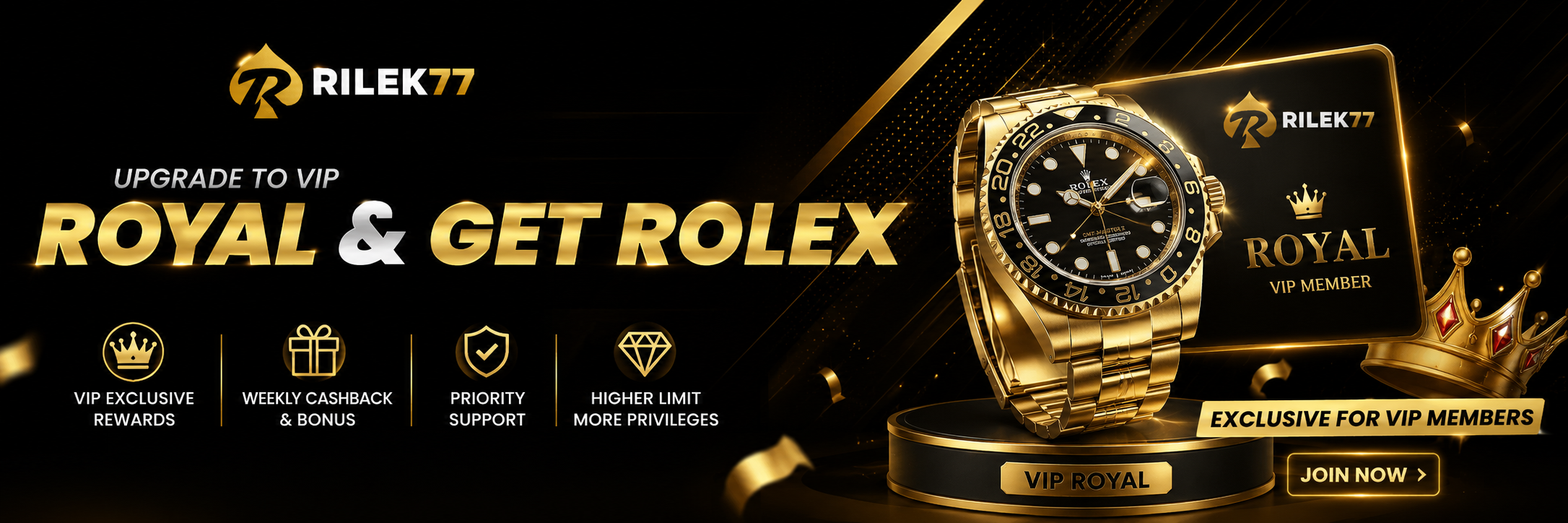 RILEK77 VIP Royal promotion featuring exclusive VIP member rewards and Rolex prize